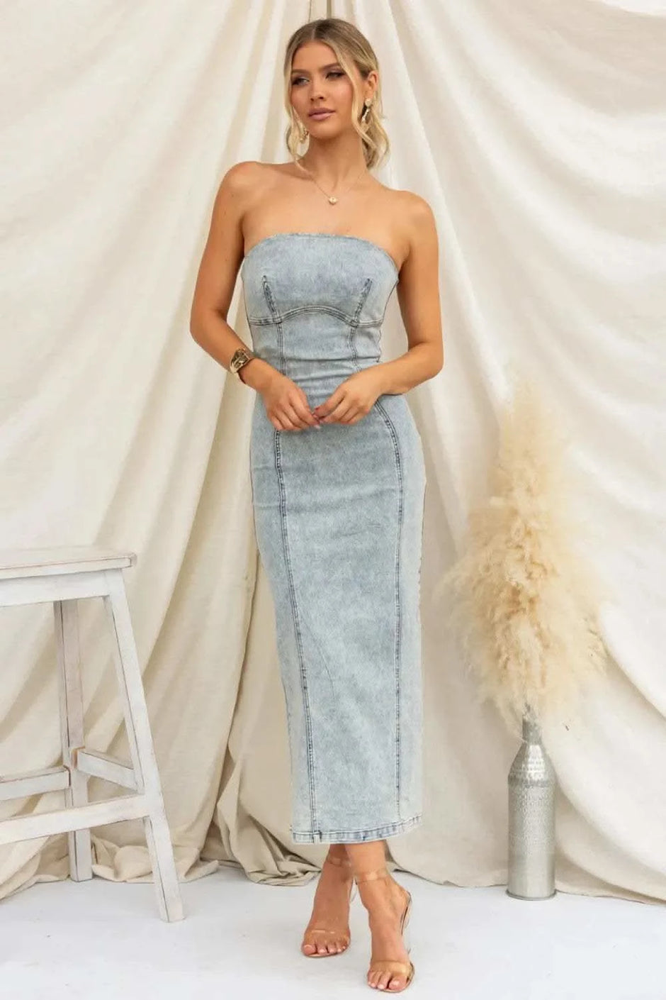 Washed Slit Back Tube Denim Dress - SwagglyLife Home & Fashion